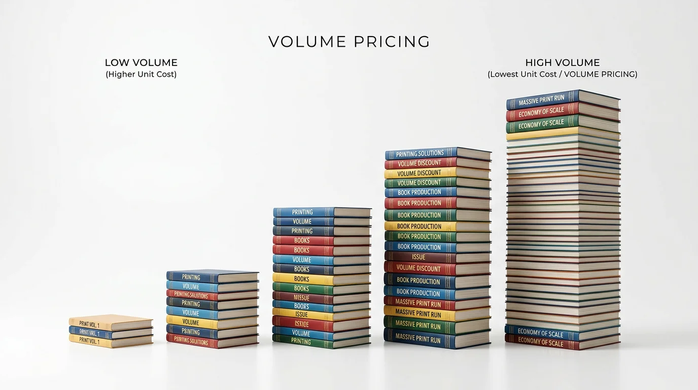 Volume pricing comparison chart showing cost savings at 1,000+ copies