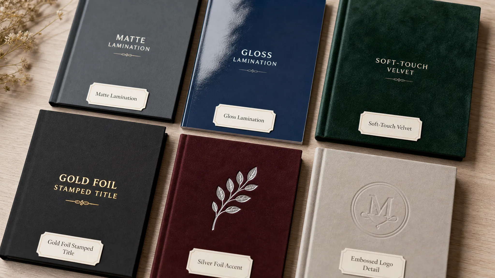 Book cover finishing options: matte lamination, gloss, foil stamping gold silver, and embossing