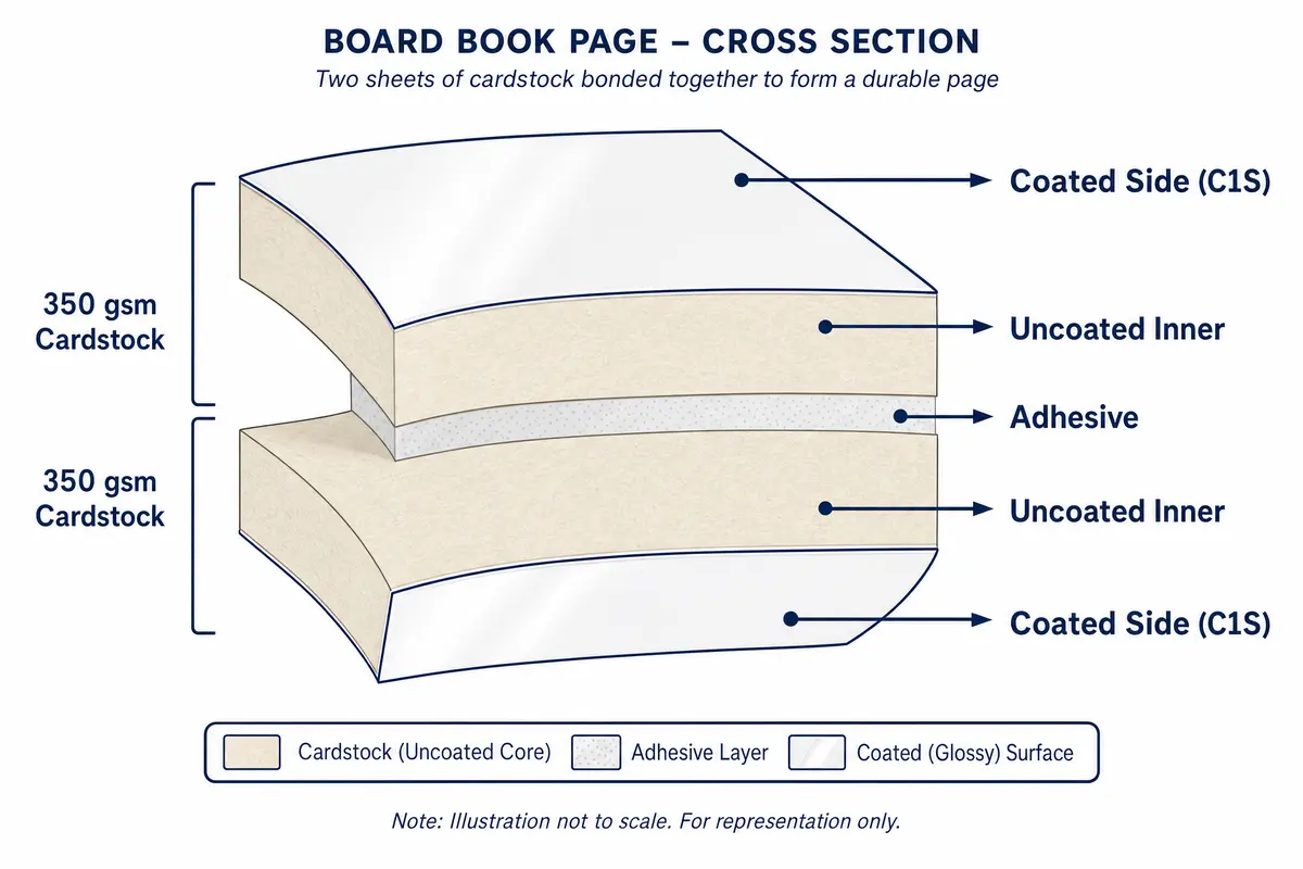 Cross-section diagram showing how two sheets of cardstock are glued together to form a single board book page
