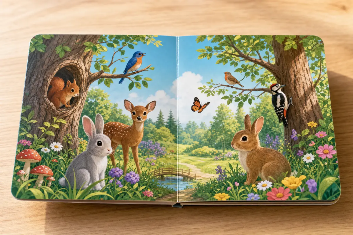 A board book opened flat showing a full-bleed illustration spread across two facing pages with rounded corners