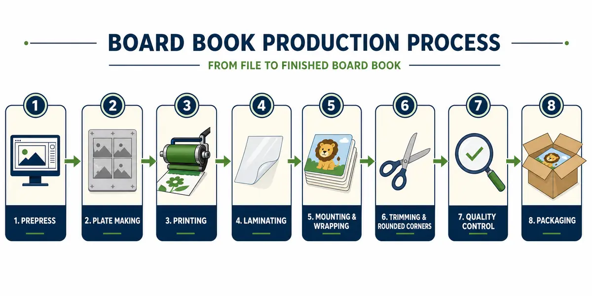 Infographic showing the 8-step board book binding production process from prepress to packaging