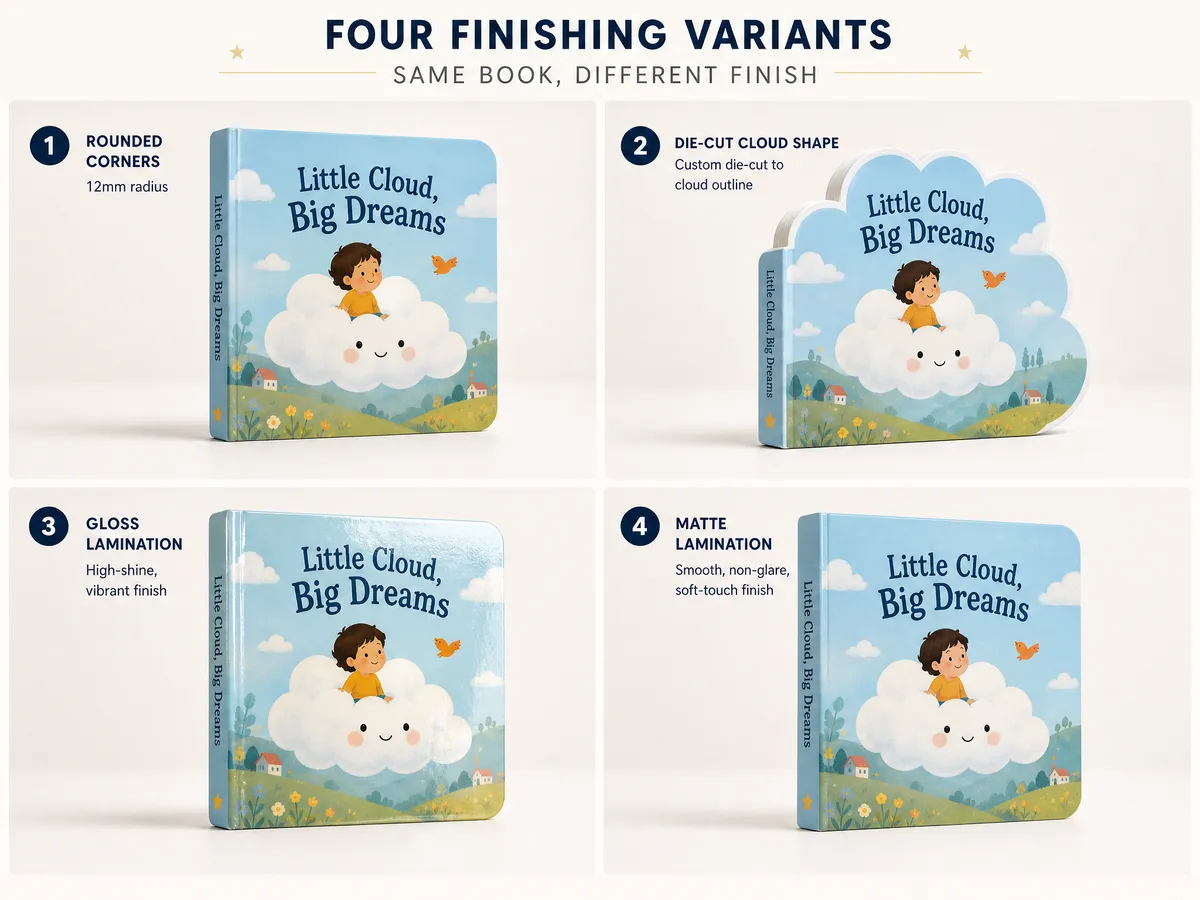 Board book finishing options showing rounded corners, die-cut shape, and gloss vs matte lamination comparison