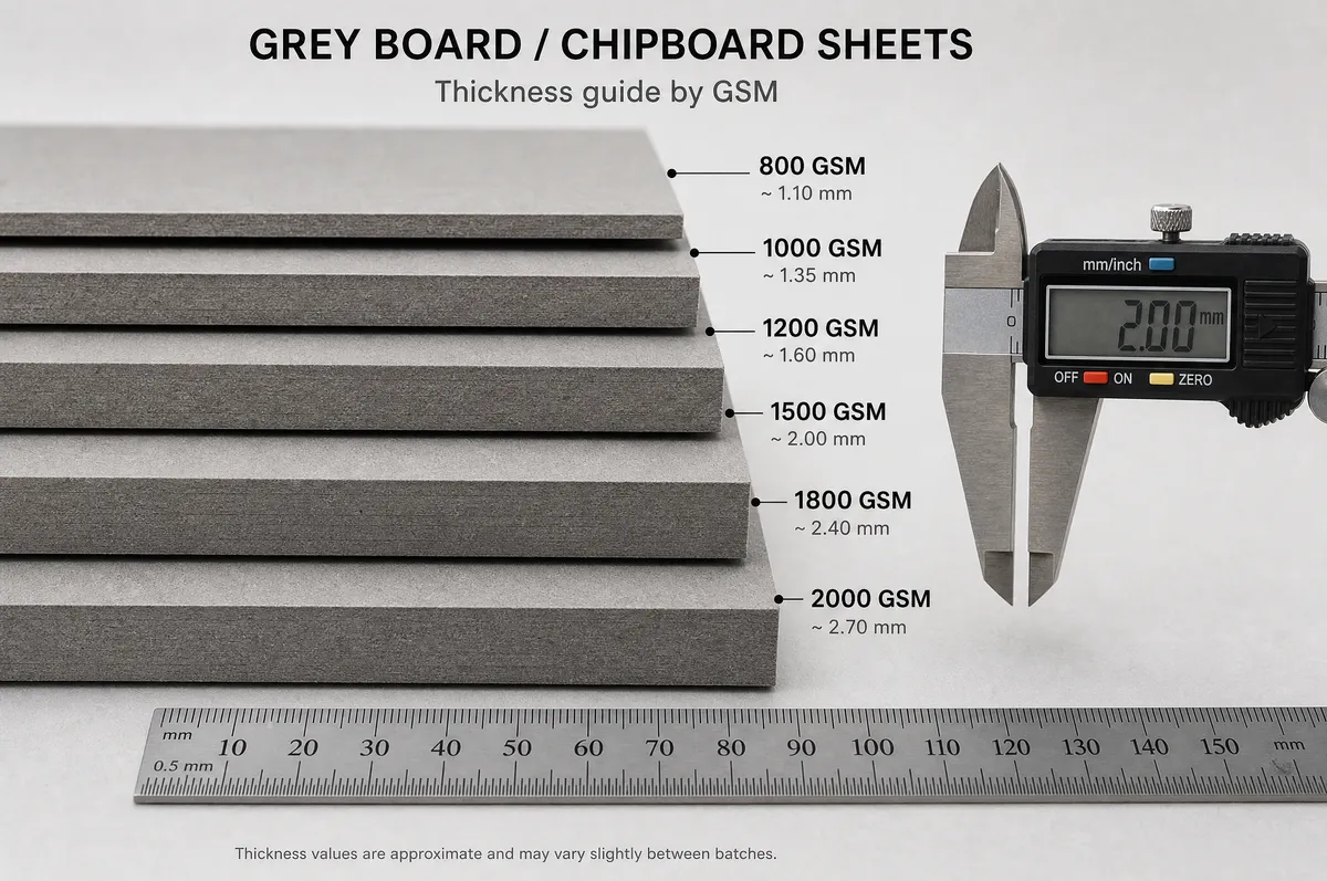 Grey board sheets in various thicknesses from 800gsm to 2000gsm used for board book manufacturing