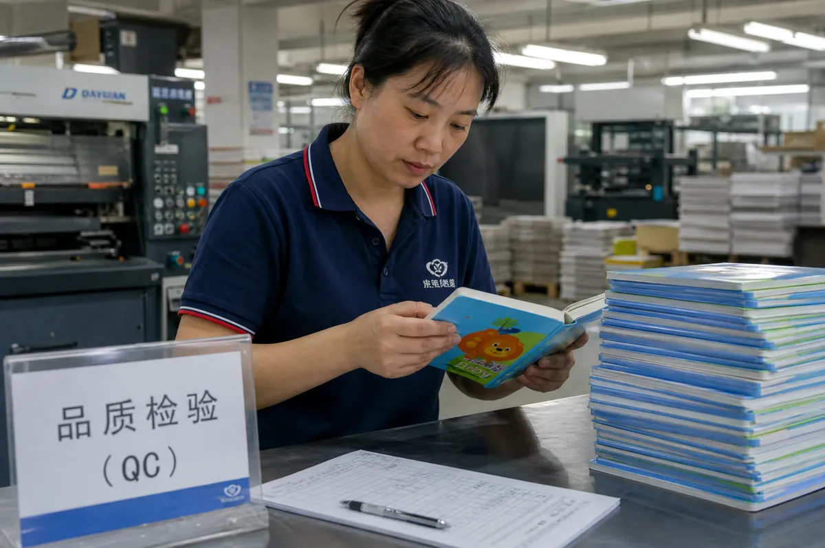 Quality control inspector checking board book binding and color consistency in a Chinese printing factory
