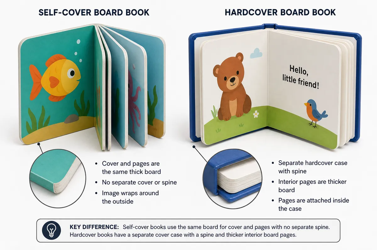 Comparison of self-cover board book and hardcover board book formats side by side