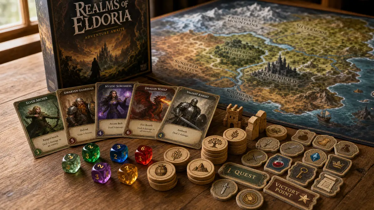 Assorted board game components including cards, dice, tokens, and game board manufactured in China