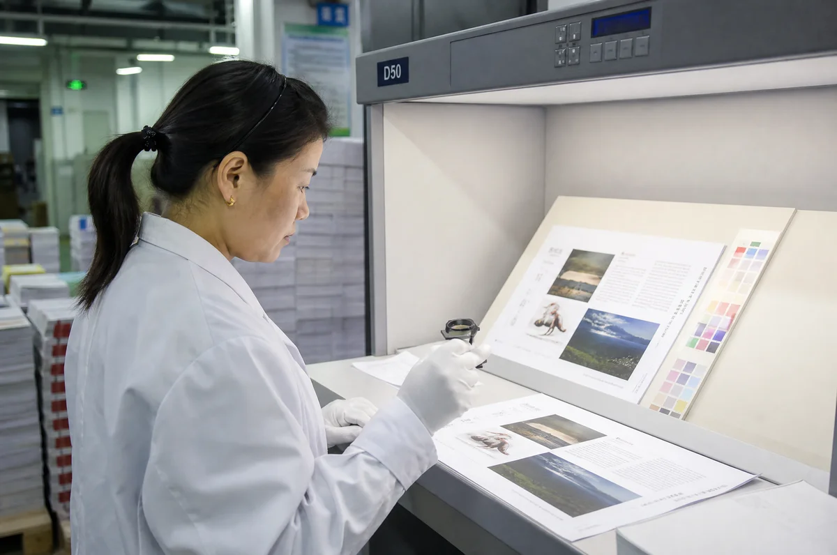 Quality control inspection team checking printed books against color proofs at a china book printing factory