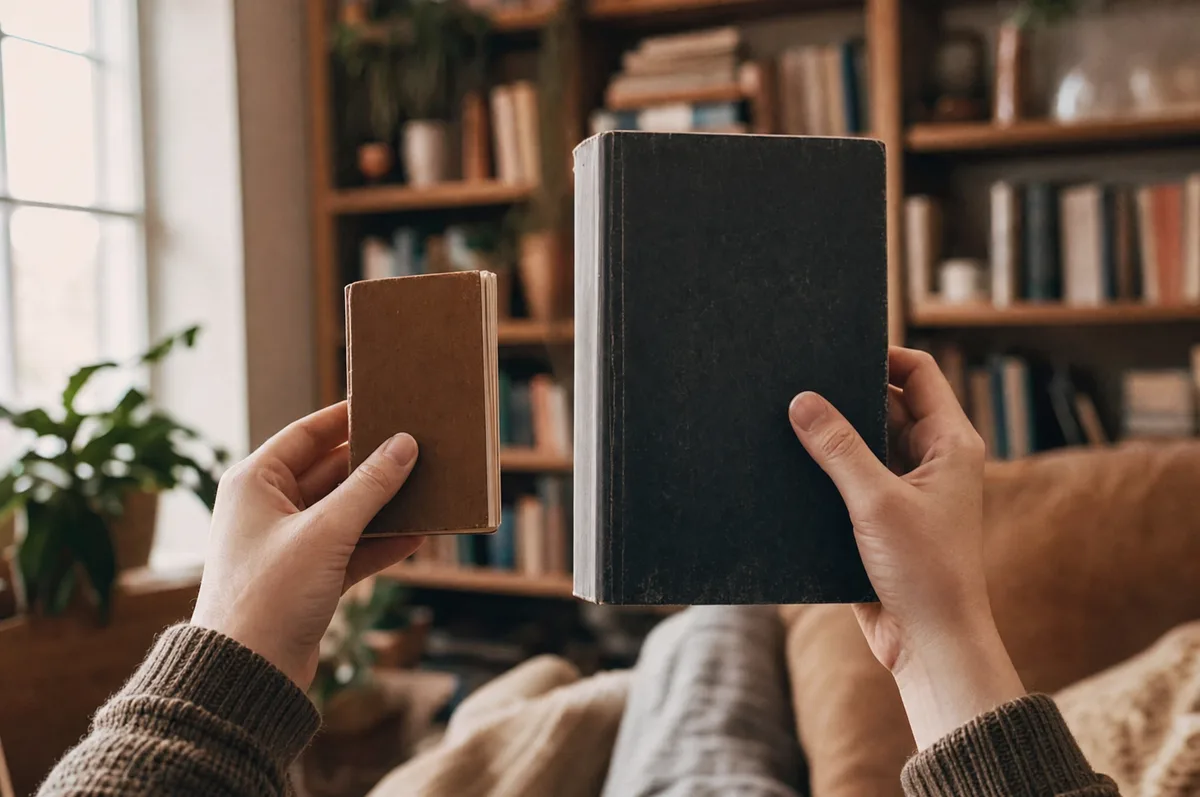 Reader holding a book, demonstrating how trim size affects reading comfort and portability