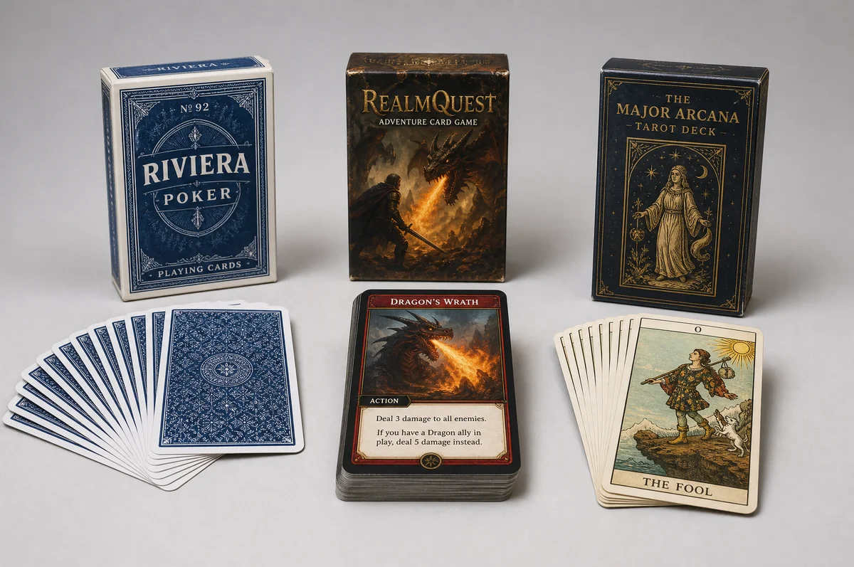 Variety of custom printed card decks including playing cards, board game cards, and tarot cards spread on a table