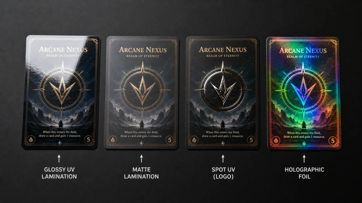 Comparison of card finishes — glossy, matte, spot UV, and holographic foil on card surfaces
