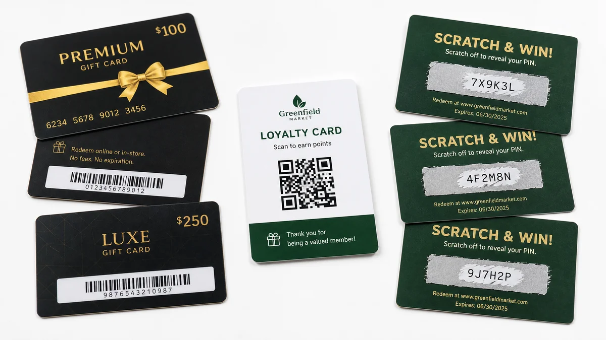 Custom printed gift cards and scratch-off cards with foil accents and barcode panels