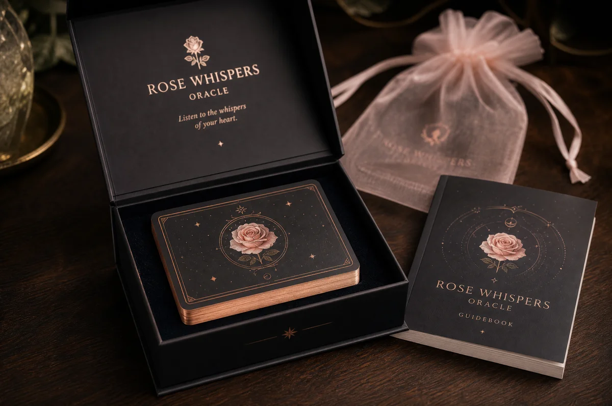 Oracle and affirmation card deck in a magnetic rigid box with guidebook and gilded card edges