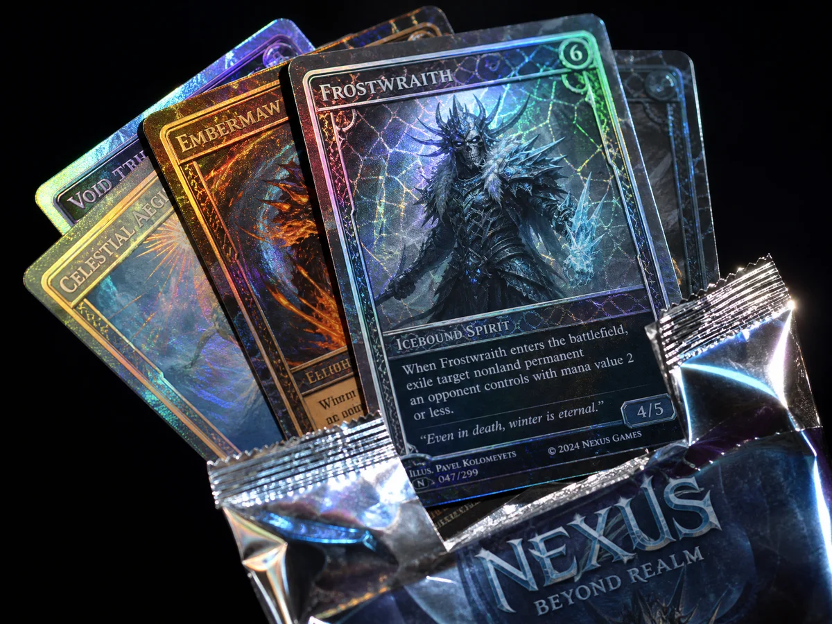 Custom printed trading cards with holographic foil effects arranged in a booster pack layout
