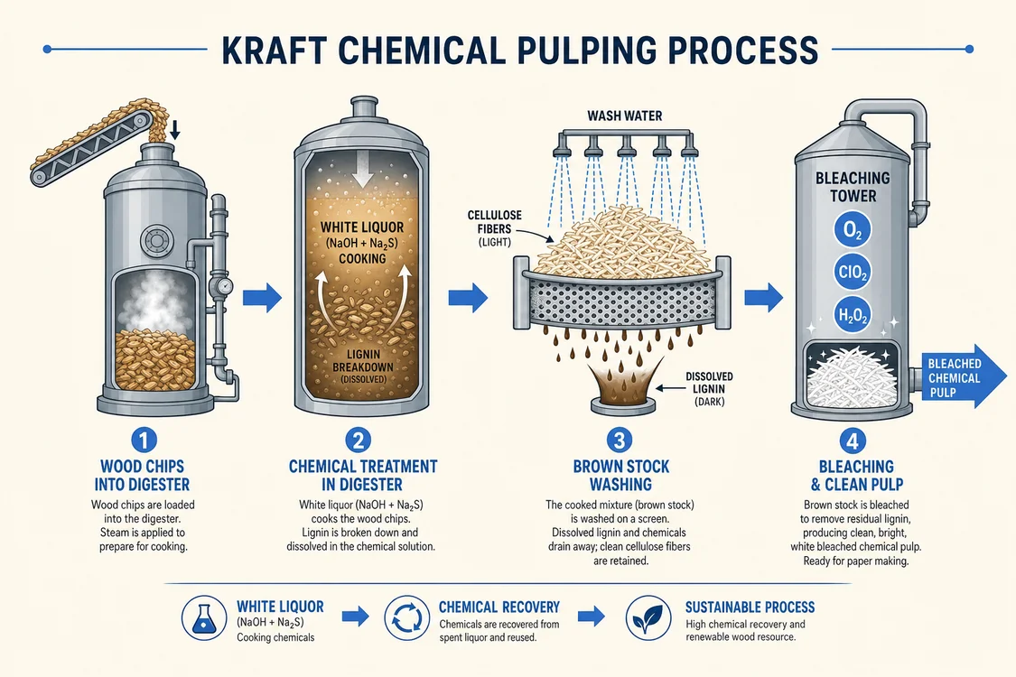 Infographic showing the chemical pulping process: wood chips to bleached pulp