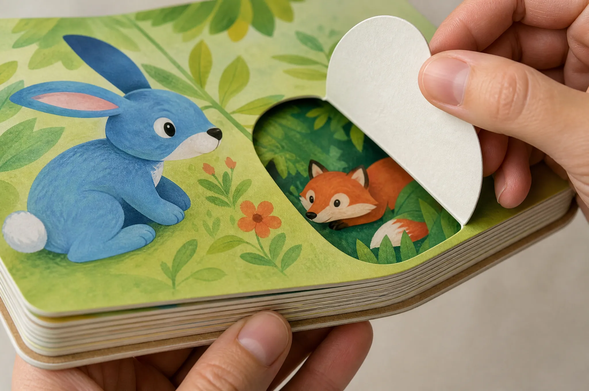 Close-up of a custom board book showing rounded corners, thick pages, and interactive lift-the-flap feature printed in China
