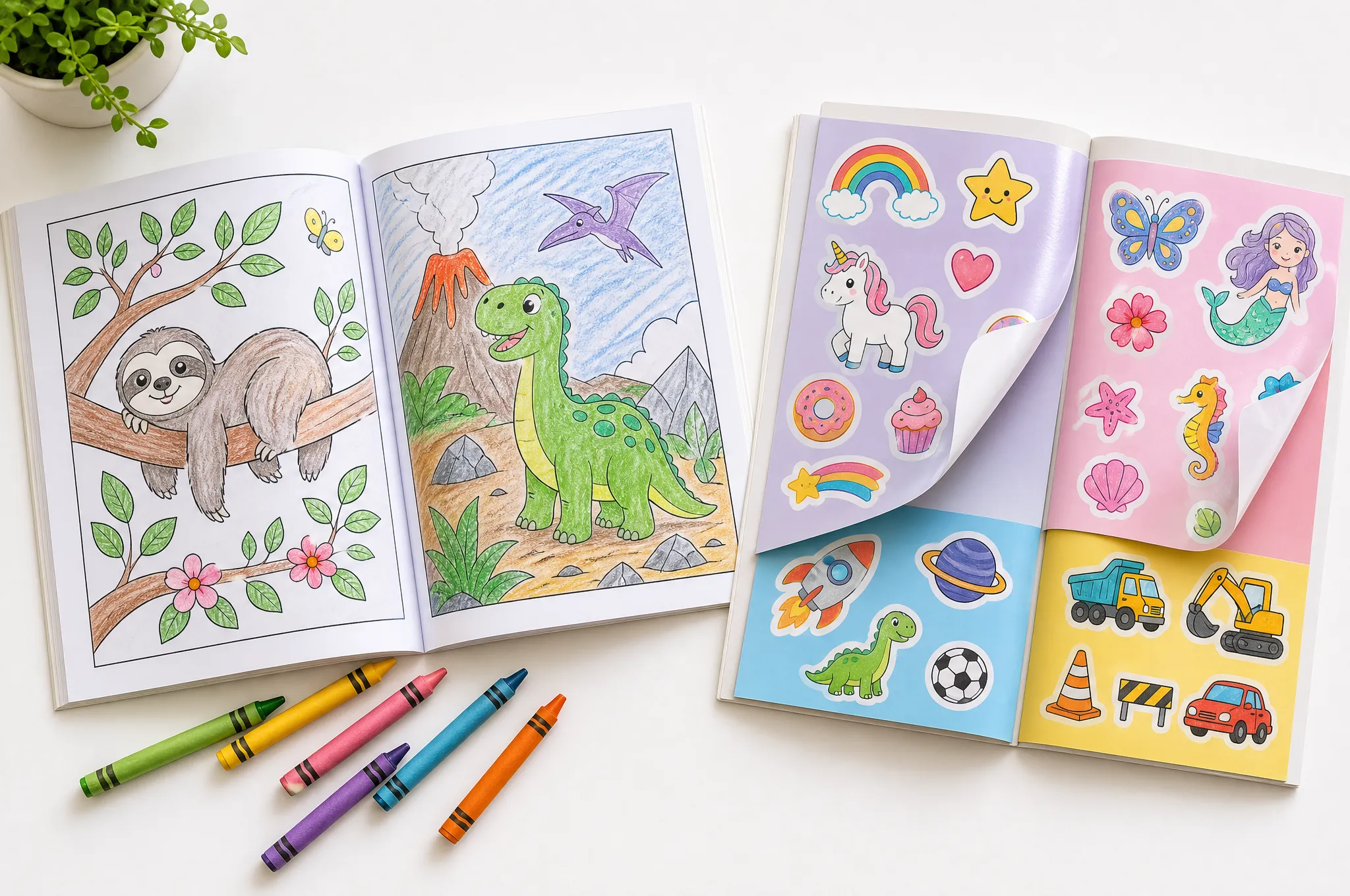 Open coloring and activity books showing various paper types and binding styles printed in China