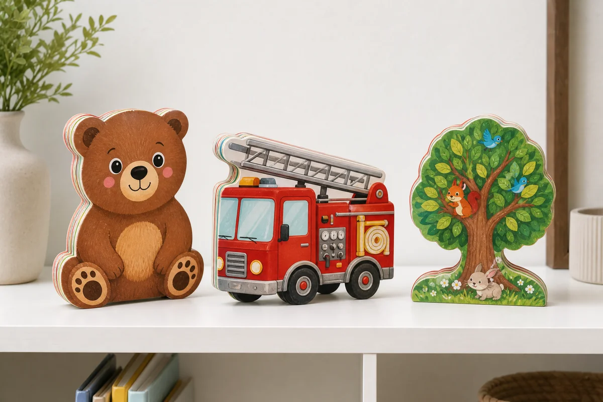 Custom die-cut children's books in unique shapes — animal silhouettes, vehicle outlines — printed by a Chinese book manufacturer