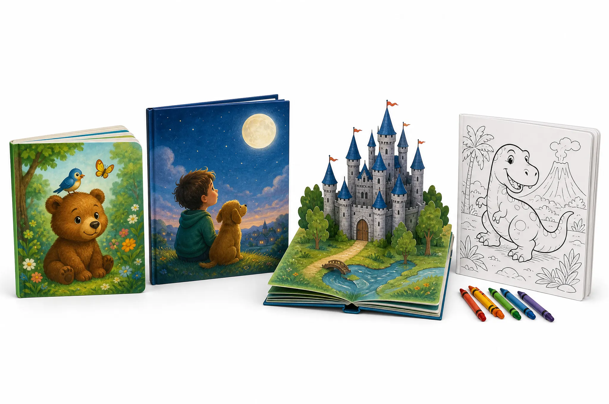 Different types of children's books printed in China — board book, picture book, pop-up book, and coloring book side by side