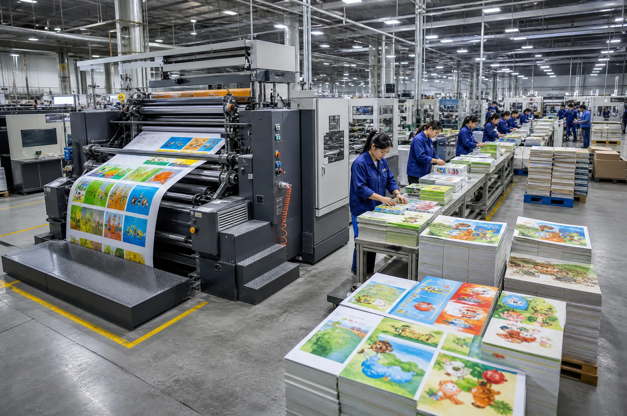 Offset printing press and binding line at a children's book printing factory in China