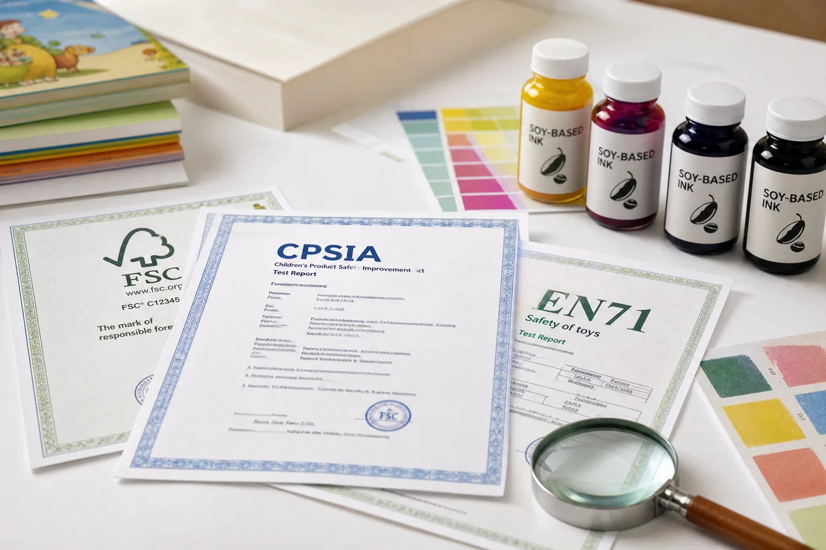 Safety compliance certificates and non-toxic soy-based ink swatches for children's book printing in China