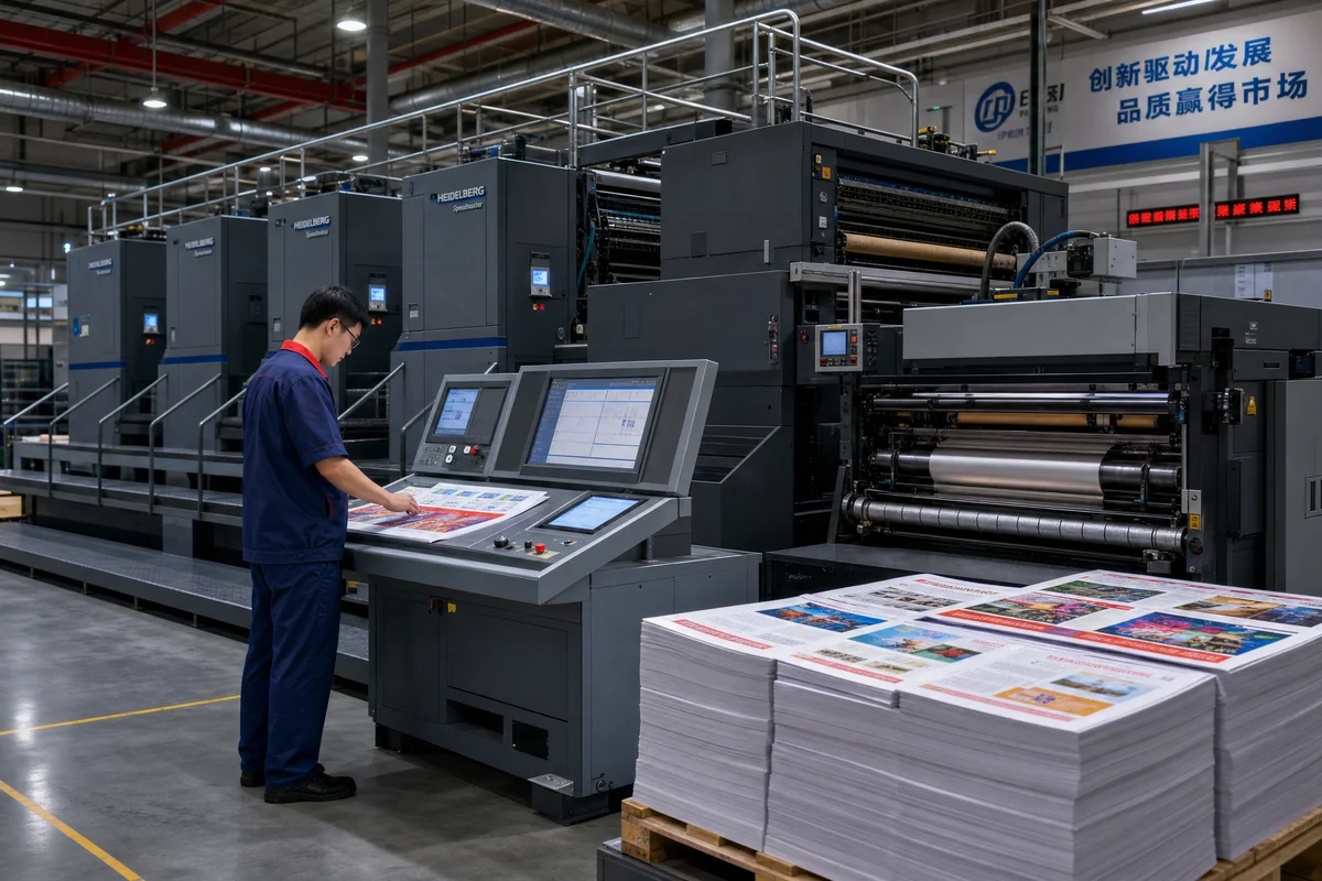 Offset printing press in a Chinese book printing factory producing high-volume book runs