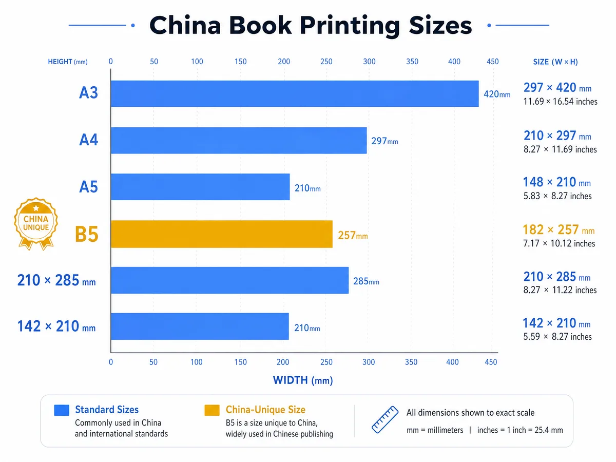 Chinese standard book sizes visual guide showing B5, A4, A5 and unique Chinese formats