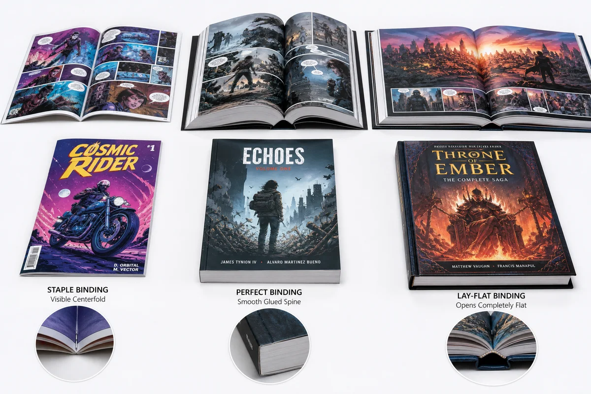 Comic book binding types comparison — saddle stitch, perfect bound, and hardcover editions side by side