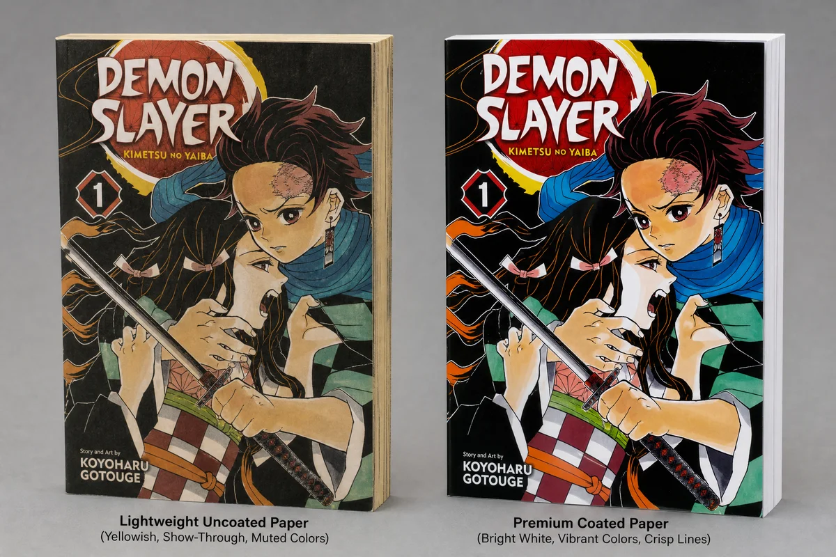 Side-by-side comparison of manga volumes printed on different paper stocks — lightweight vs premium coated