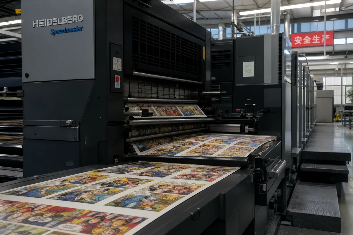 Offset printing press running full-color comic book pages in a Chinese printing factory