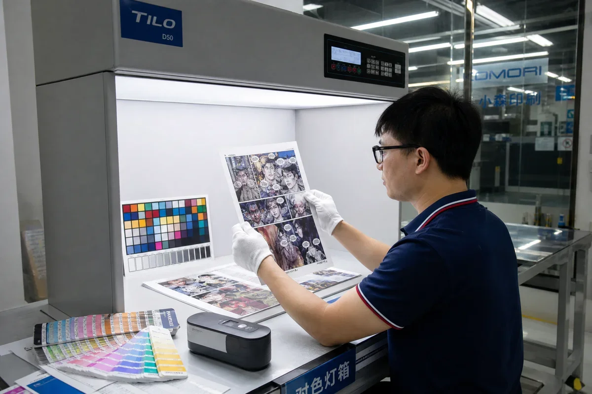 Quality control technician inspecting printed comic pages under calibrated lighting at a China printing facility