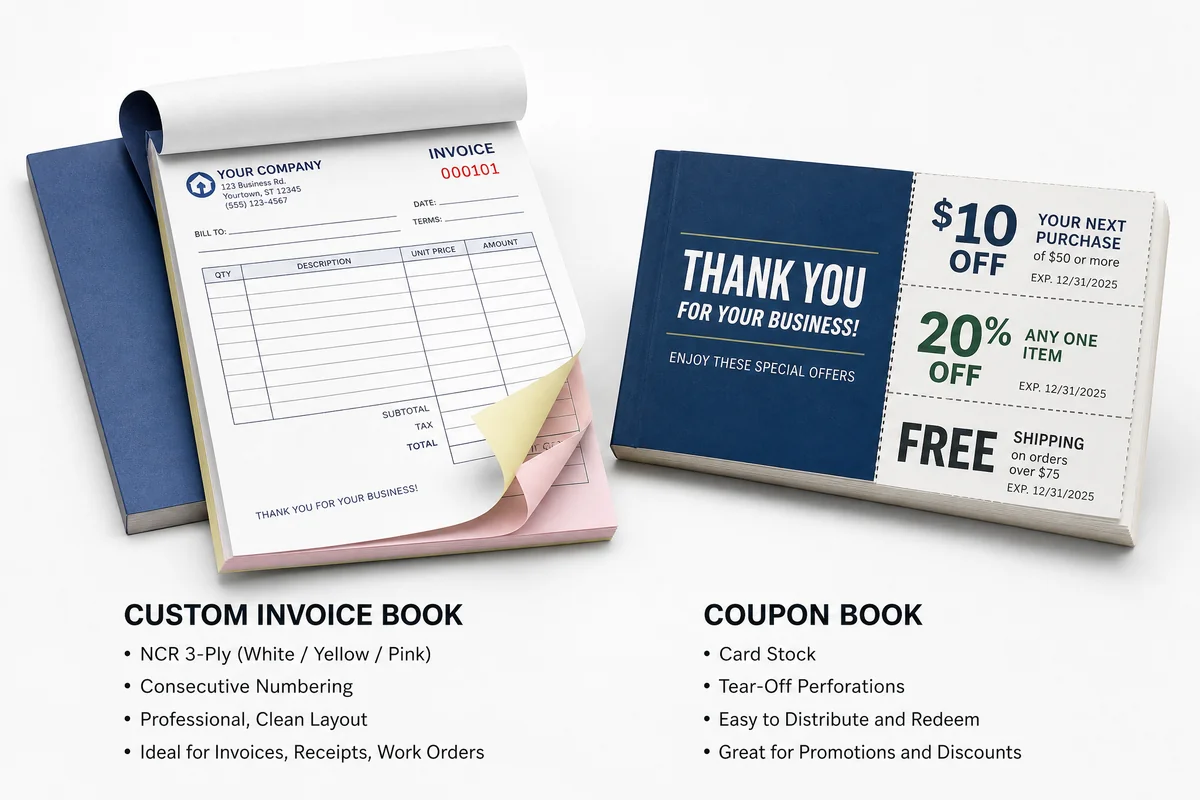 Custom printed invoice books and coupon books with NCR carbonless paper, consecutive numbering, and perforated tear-off
