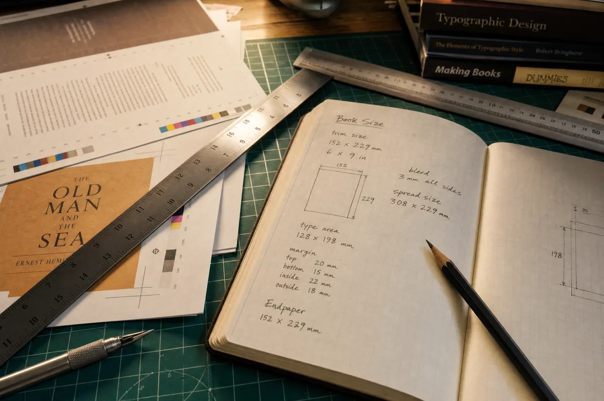 Designer measuring custom book dimensions, illustrating custom trim size workflow for unique print projects