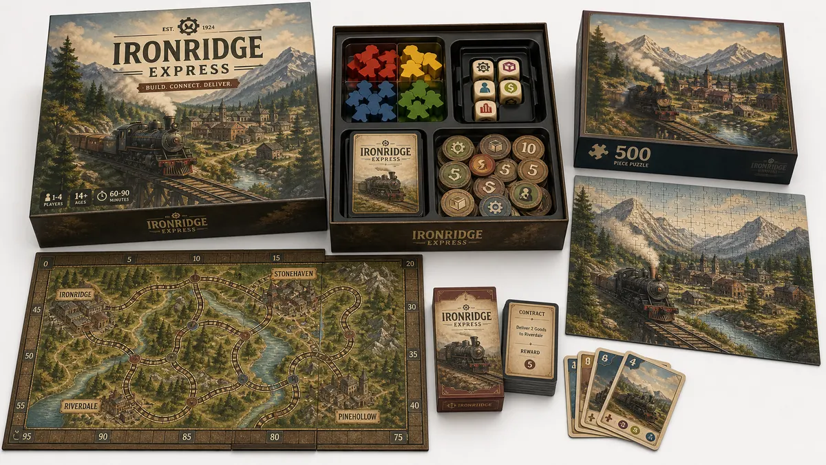 Custom board game packaging from China with rigid box, thermoformed component trays, game pieces, dice, and jigsaw puzzles