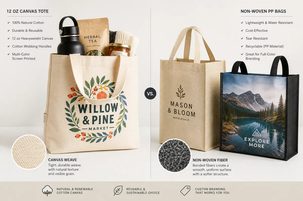 Custom printed canvas tote bags and non-woven shopping bags from China with screen-printed brand logos