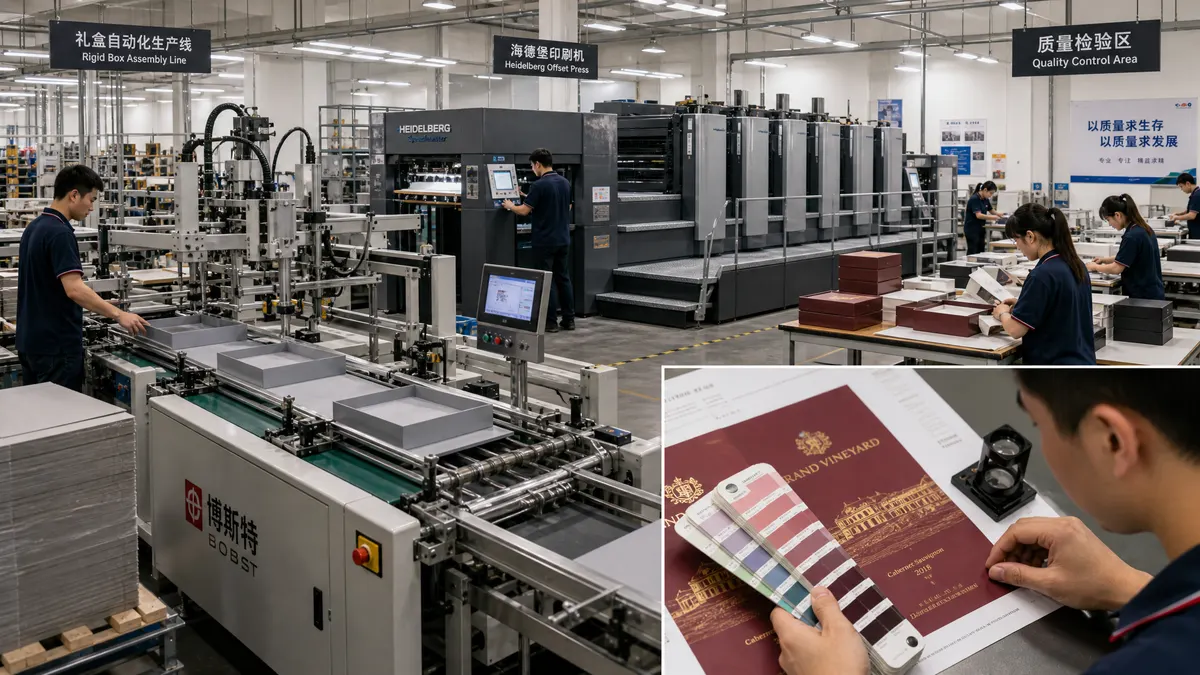 Chinese packaging factory production line with automated rigid box assembly and quality inspection