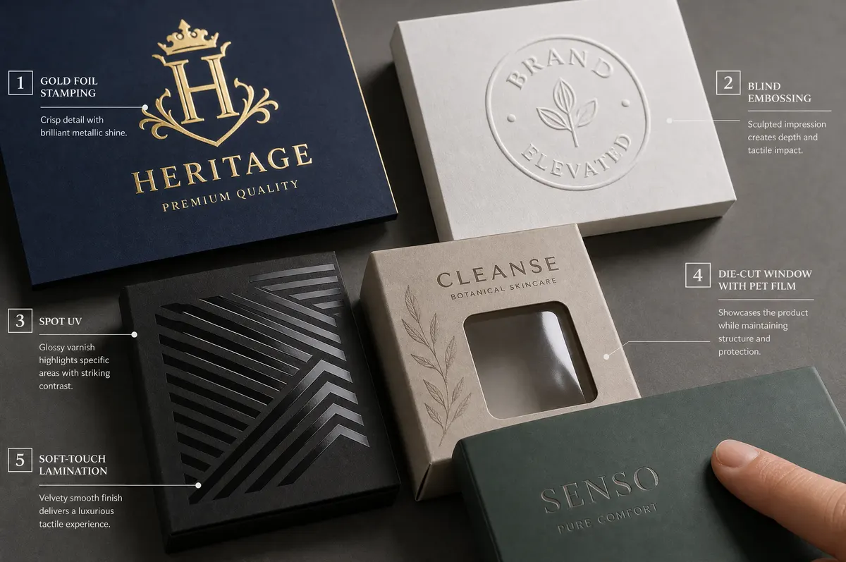 Close-up of custom packaging finishing techniques including foil stamping, embossing, spot UV, and soft-touch lamination from China factory