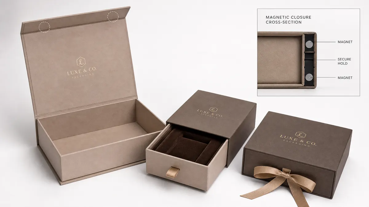 Luxury magnetic and gift boxes with ribbon pulls, velvet lining, and gold foil stamping from China