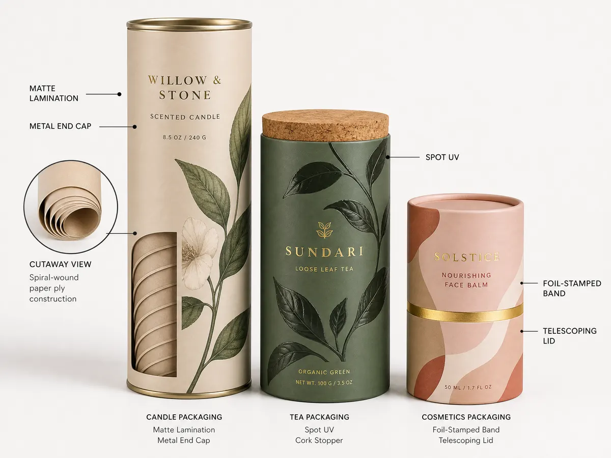 Custom printed paper tubes from China with metal end caps, cork stoppers, and full-wrap CMYK printing