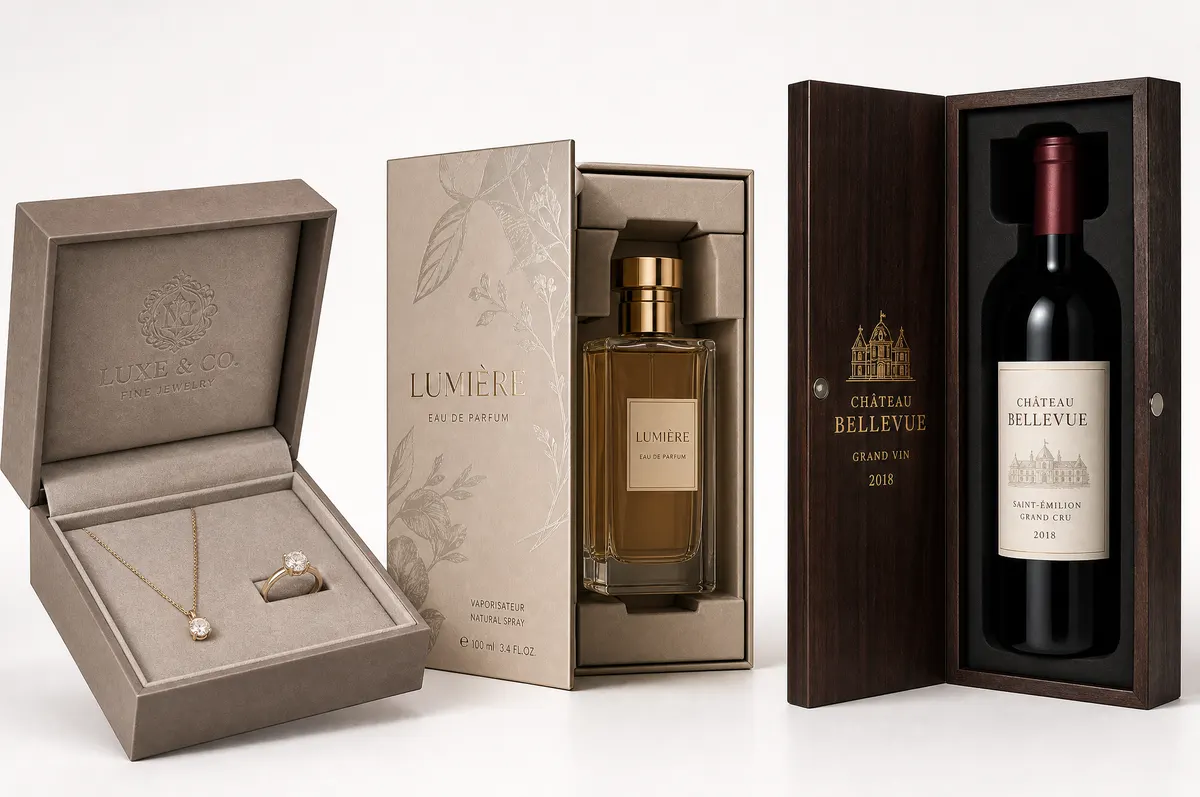 Specialty packaging from China including jewelry boxes with velvet inserts, perfume boxes, and wooden-style wine boxes
