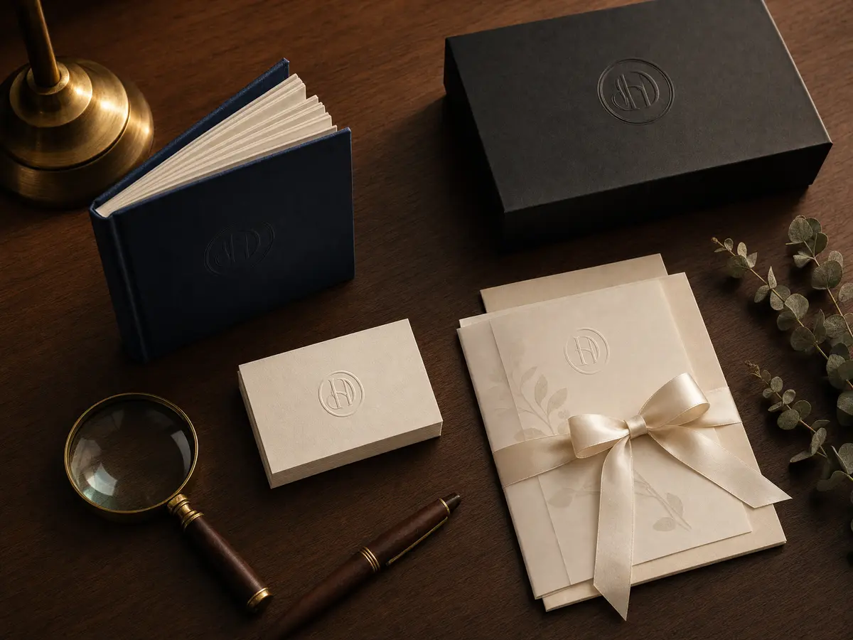 Collage showing debossed book cover, business card, gift box, and wedding invitation