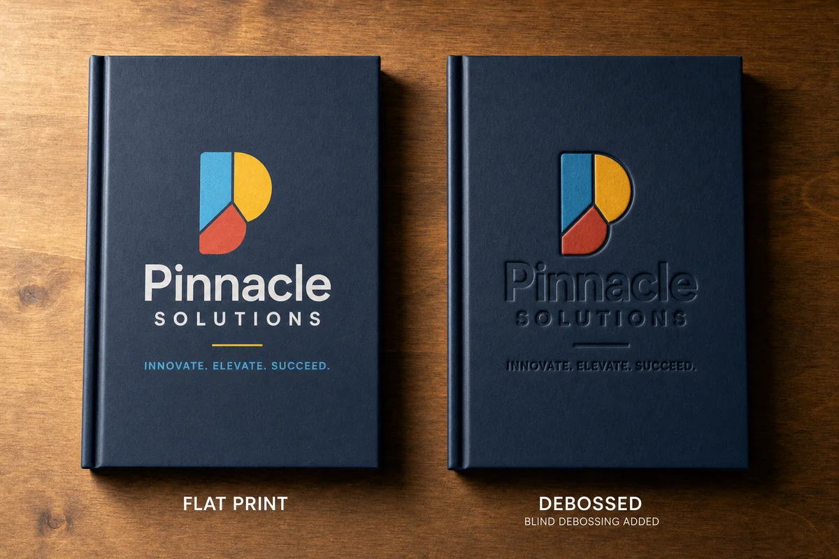 Side-by-side comparison: flat-printed cover vs debossed cover on a notebook, showing depth difference