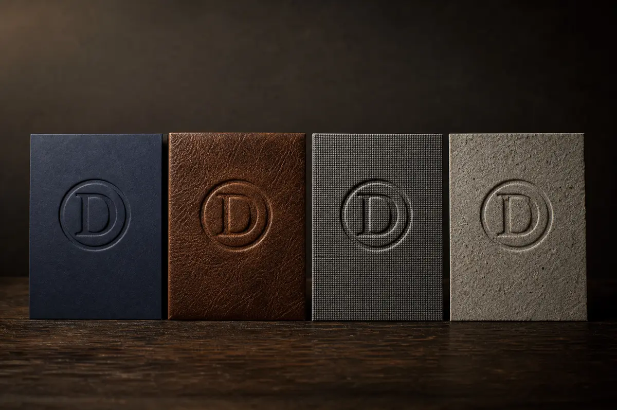 Selection of debossed samples on coated paper, leather, cloth, and gray board showing different impression characteristics