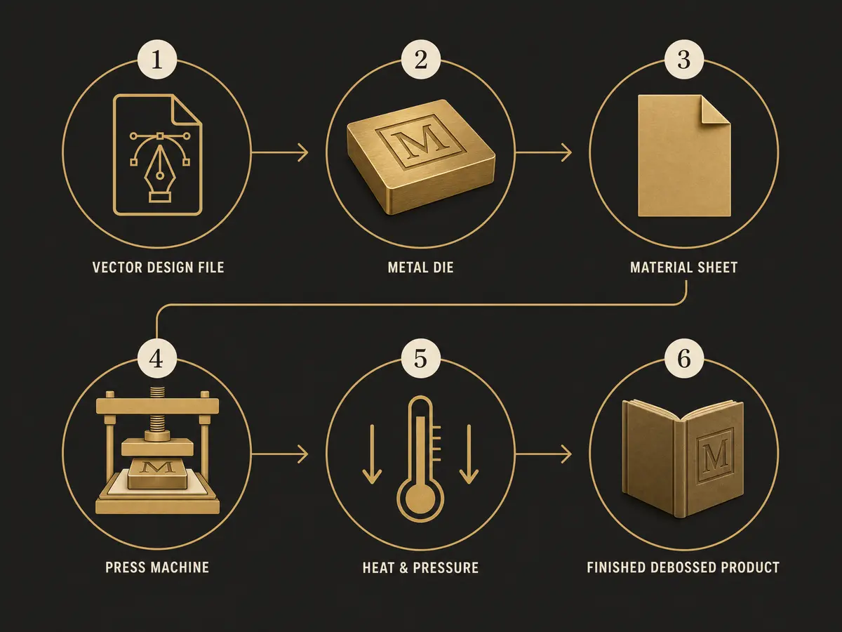 Step-by-step diagram of the debossing process from die to finished product