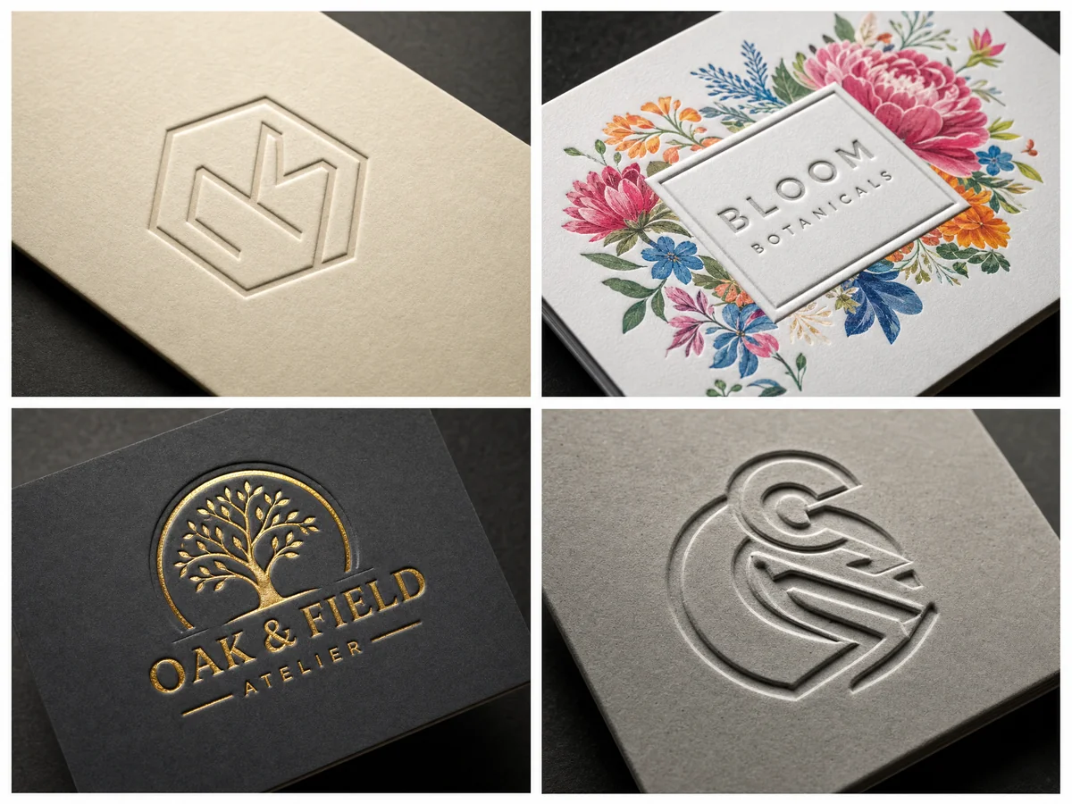 Four samples illustrating blind, registered, foil combination, and multi-level debossing on different materials