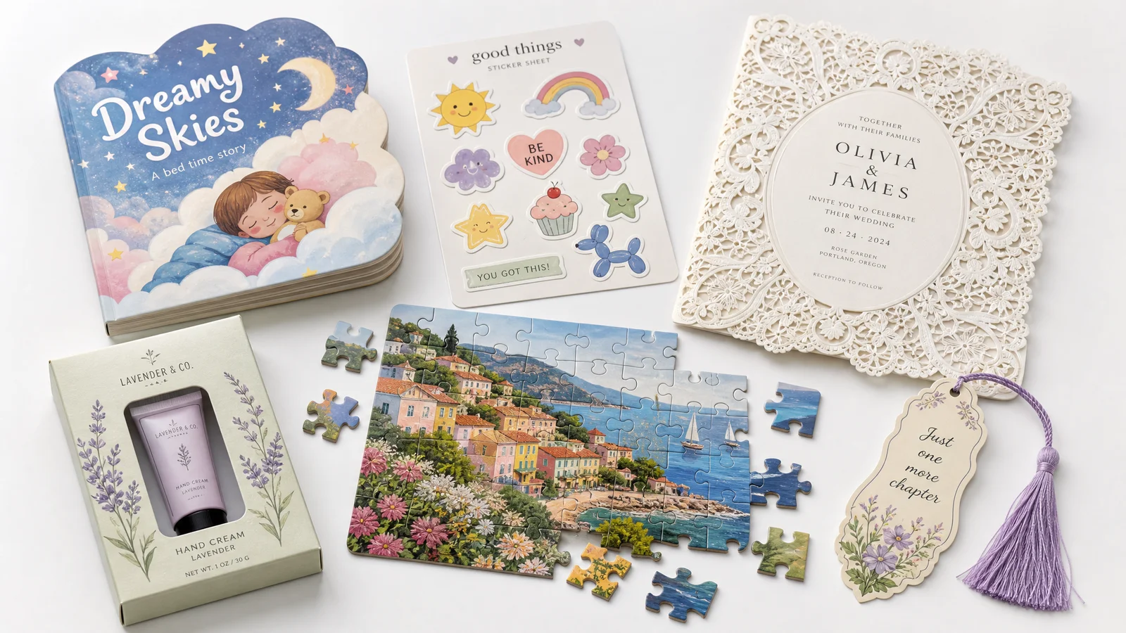 Collection of die-cut products including shaped book, sticker sheet, packaging box, and greeting card