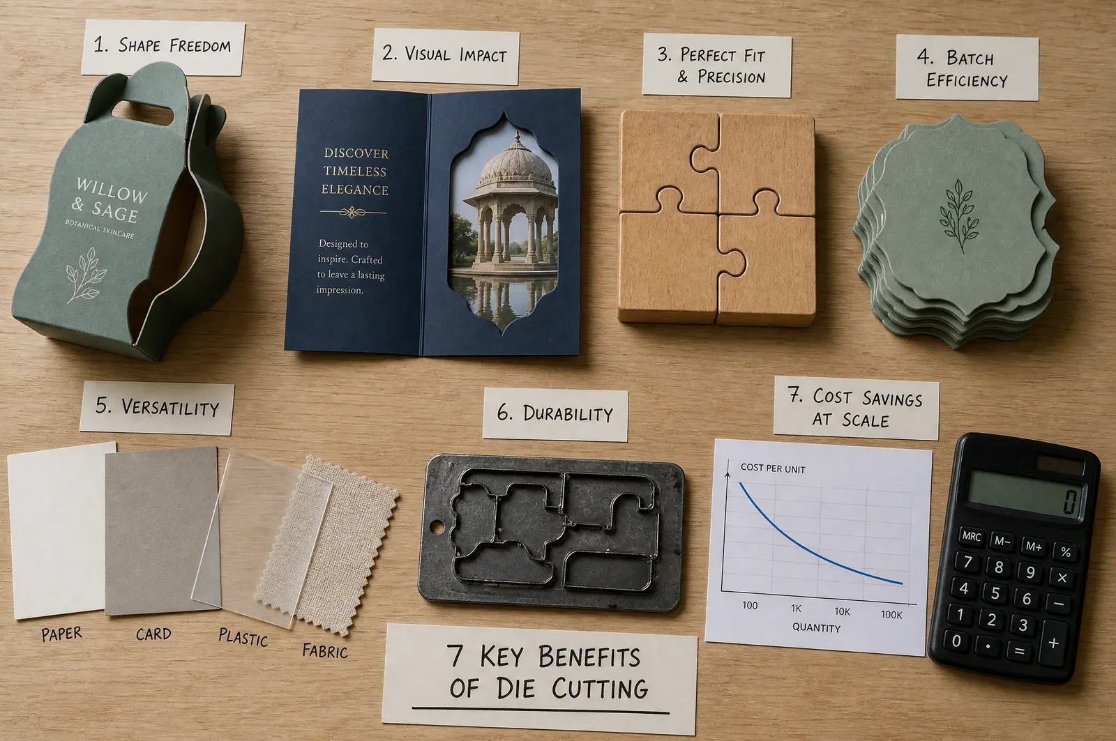 Seven key benefits of die cutting illustrated with custom packaging examples on a workbench