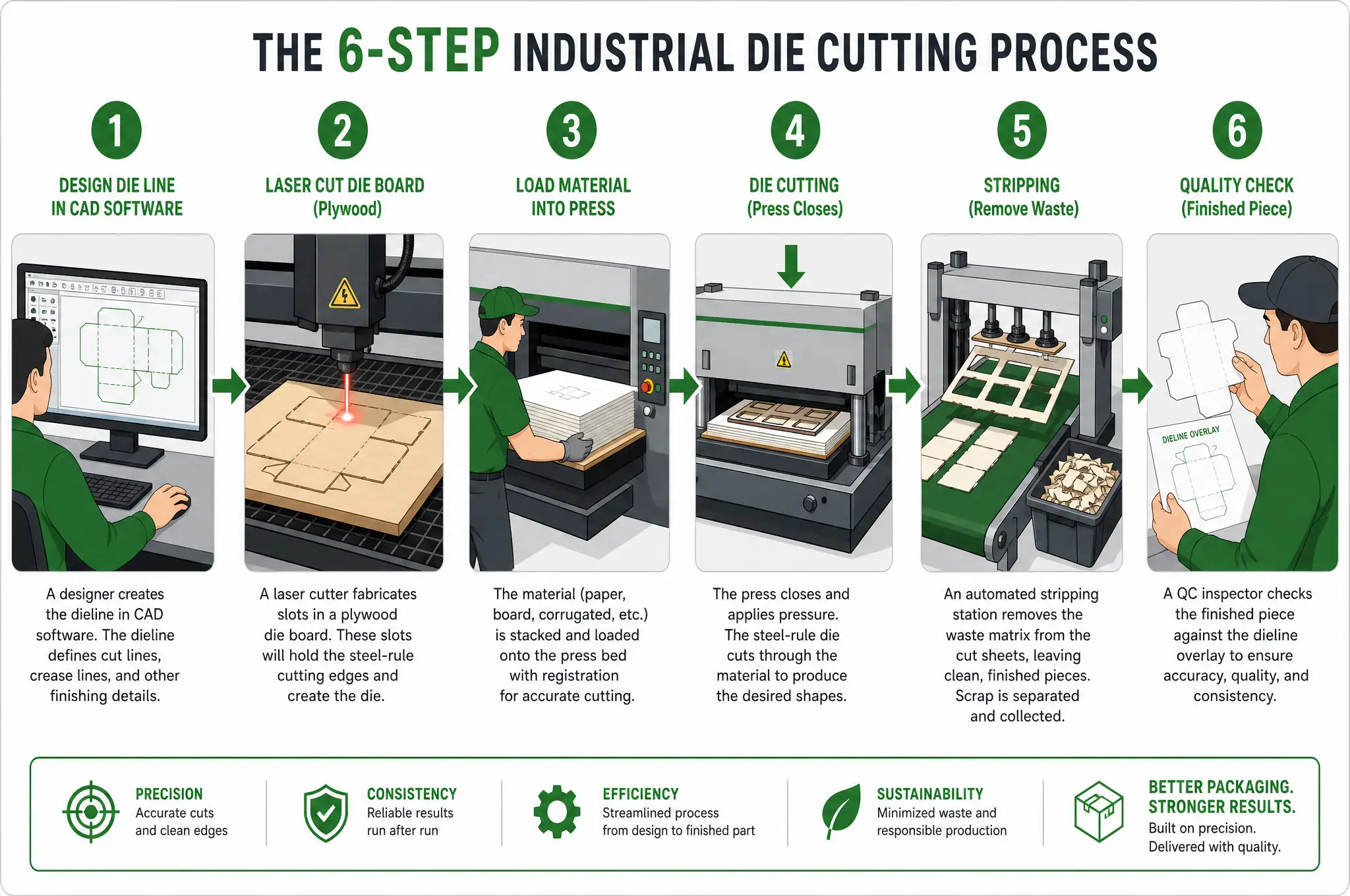 Step-by-step diagram of the die cutting process from dieline design to finished product