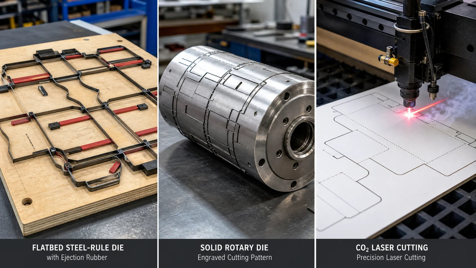 Comparison of steel rule die, solid rotary die, and laser cutting machine in a printing workshop