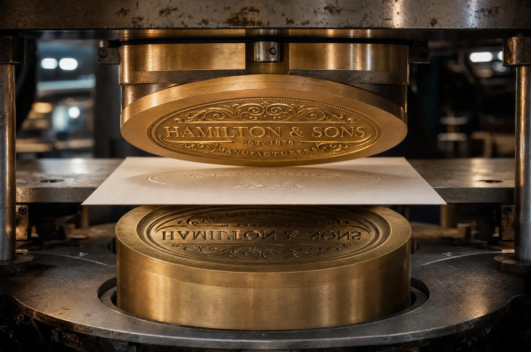 Brass embossing die and counter-die mounted on a press, showing the male and female tooling alignment