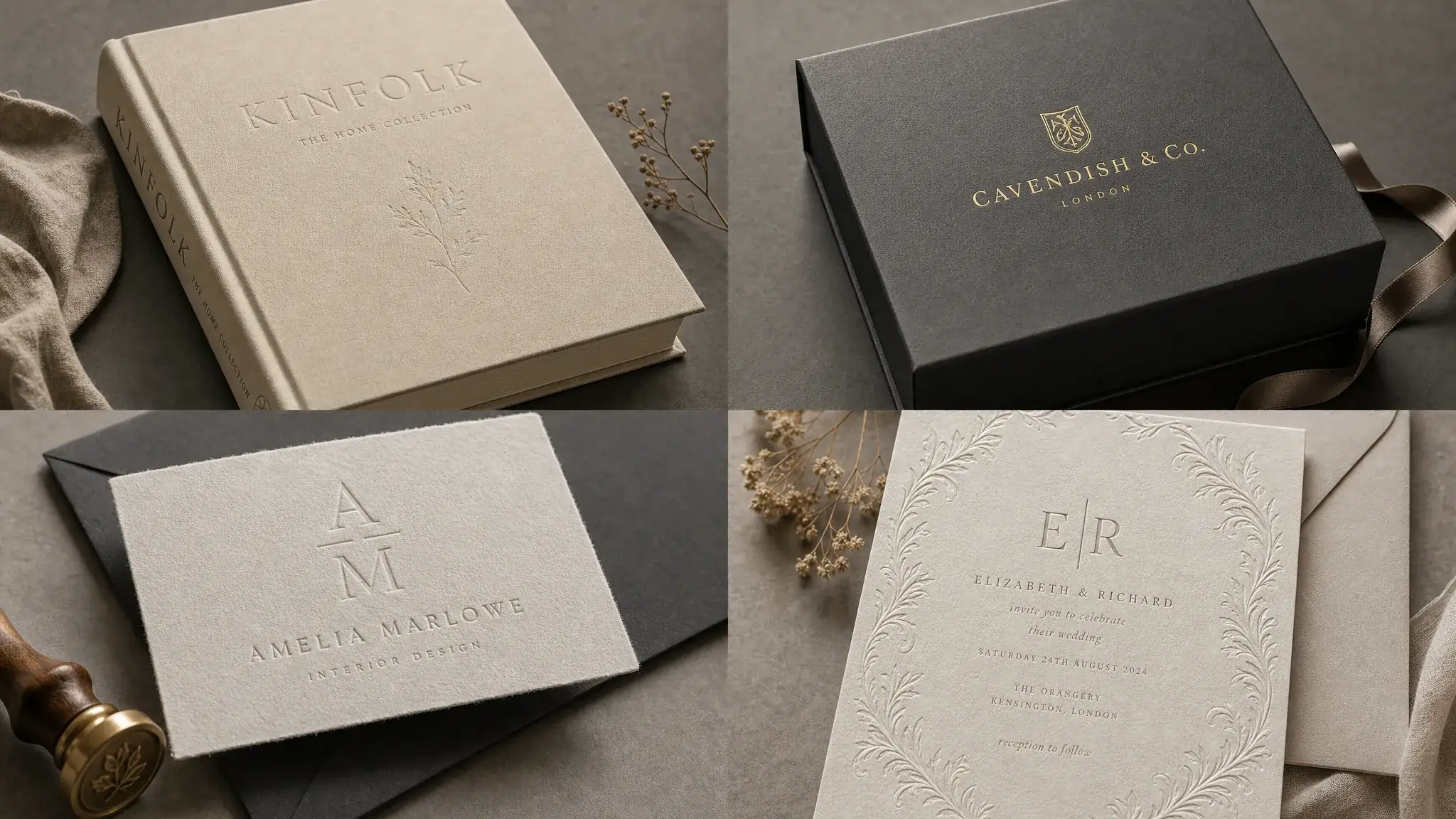 Collection of embossed items — a hardcover book cover, a luxury gift box, a foil-embossed business card, and an embossed wedding invitation